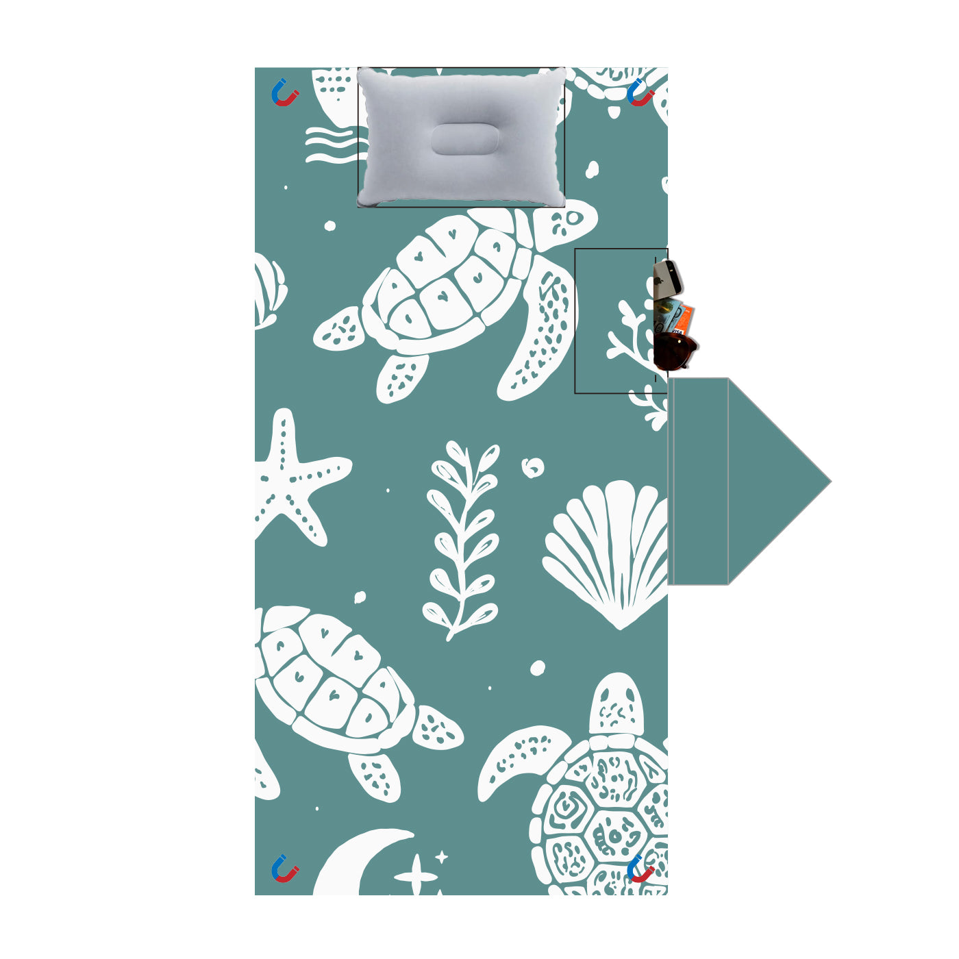 Hooded Beach Towel with Magnets & Inflatable Pillow & Hidden Zip Pocket